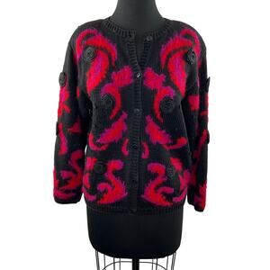 VINTAGE Jennifer Reed Black Red Hand Knit Rosette Long Sleeve Cardigan Sweater M